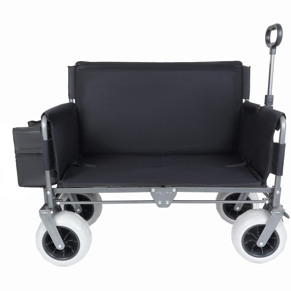 3-in-1 Folding Wagon with Bench Seat, 500lb Heavy Duty All-Terrain Cart, Collapsible Utility Wagon with Ice Pack for Camping, Beach, Groceries, Black