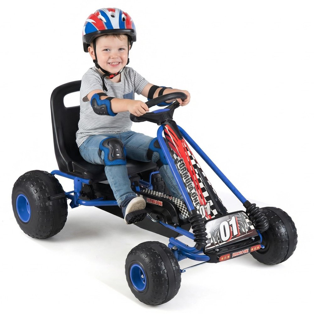 HONEY JOY Pedal Go Kart, 4 Wheeler Toddler Racing Ride On Pedal Car Toy, Forward/Backward, Ergonomic Seat, Handbrake, Steering Wheel, Outdoor Off-Road Go Cart for Kids, Boys Girls Gift (Blue)