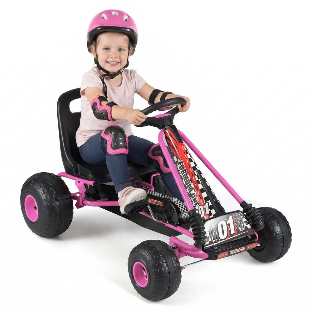 HONEY JOY Pedal Go Kart, 4 Wheeler Toddler Racing Ride On Pedal Car Toy, Forward/Backward, Ergonomic Seat, Handbrake, Steering Wheel, Outdoor Off-Road Go Cart for Kids, Boys Girls Gift (Pink)
