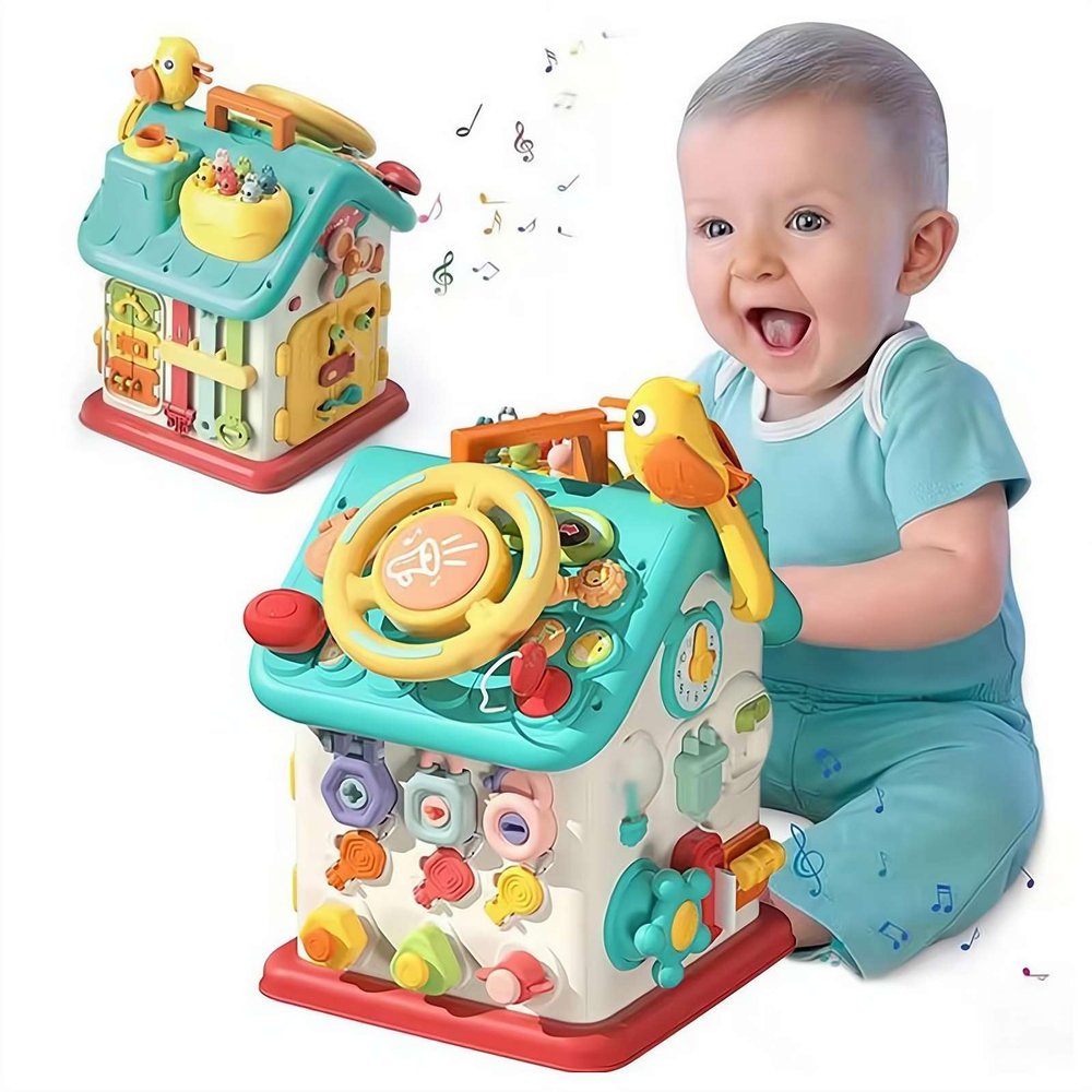 6-in-1 Baby Busy Board Cube, Educational Activity Toy for Toddlers 1-3 Years, Sensory Developmental Toy with Fine Motor Skills, Music & Lights, Best Travel & Birthday Gift for Boys Girls