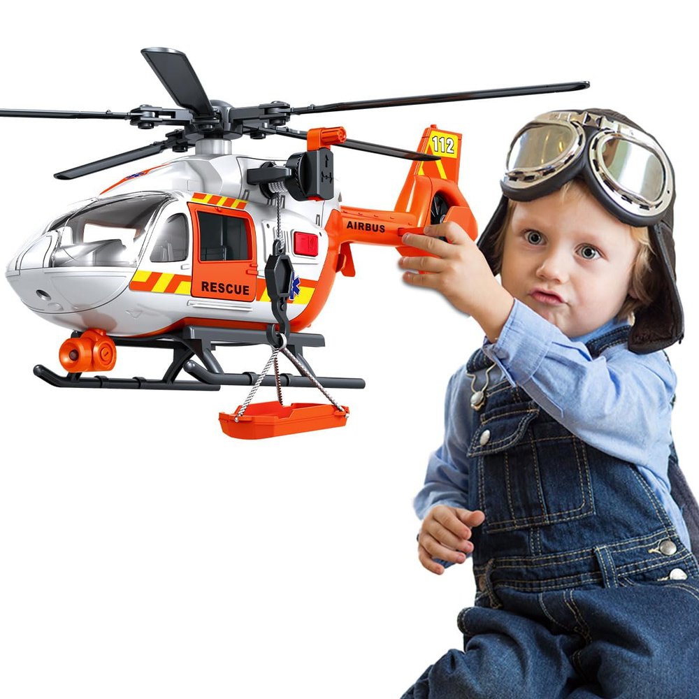 CSDCSD Rescue Helicopter Toy for Kids Ages 3+, 13 Inch Emergency Chopper with Lights, Sounds, Spinning Propeller, Winch Hook and Rescue Basket, Birthday Gift for Boys and Girls