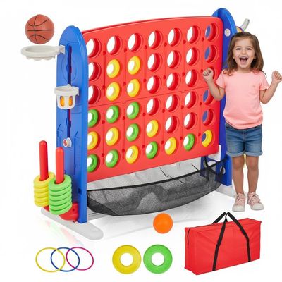 Giant 4 in a Row Jumbo Party Game - 4-in-1 Multi-Game Design with Golf, Basketball & Ring Toss, Height Adjustable, Water Proof Portable Set for Backyard BBQ, Beach & Tailgate Parties, Indoor Outdoor