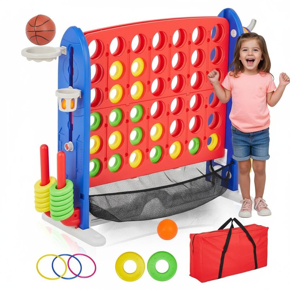 Giant 4 in a Row Jumbo Party Game - 4-in-1 Multi-Game Design with Golf, Basketball & Ring Toss, Height Adjustable, Water Proof Portable Set for Backyard BBQ, Beach & Tailgate Parties, Indoor Outdoor