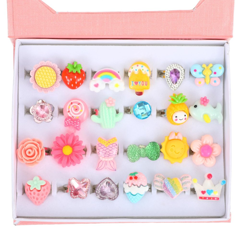 Qianyu 24 PCS Little Jewel Rings, Adjustable Pretend Play and Dress Up Rings Multicolored Unique Gift for Female Birthday Christmas Princess Game