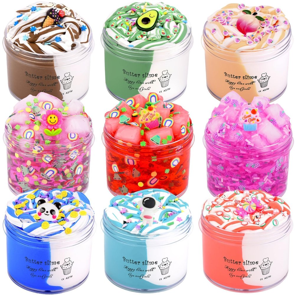 9 Pack Slime Kit, 6 Two-Color Butter & 3 Jelly Cube Crunchy Slime, Stress Relief, Soft Non-Sticky, for Kids Party Favors, School & Family Sensory Toy