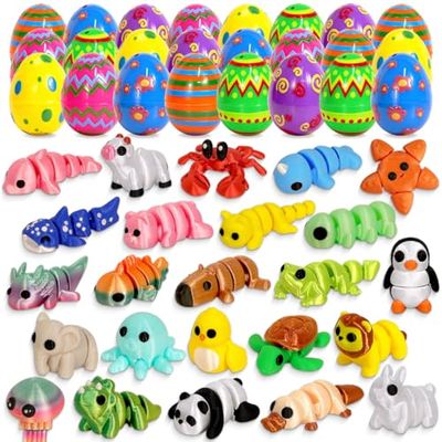 24 Pack Prefilled Easter Eggs with Toys Inside for Kids, Prefilled Easter Baskets with 3D Printed Animals, Easter Basket Essentials Filled Easter Eggs Hunt Stuffers Party Favors for Teens Boys Girls