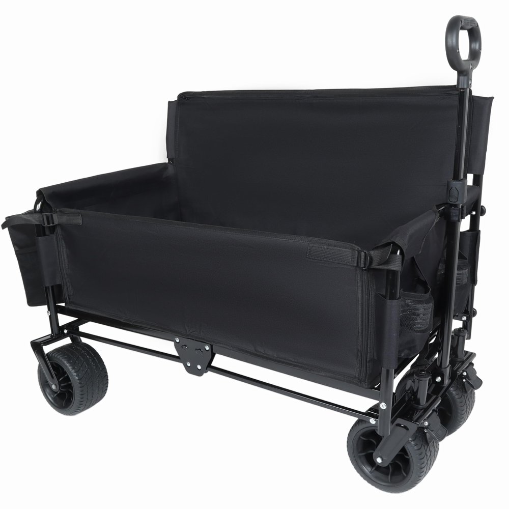 3-in-1 Folding Wagon Cart with Bench Seat, 500lb Heavy Duty Collapsible Utility Wagon with Ice Pack, All-Terrain Wheels for Camping, Beach, Garden, Black