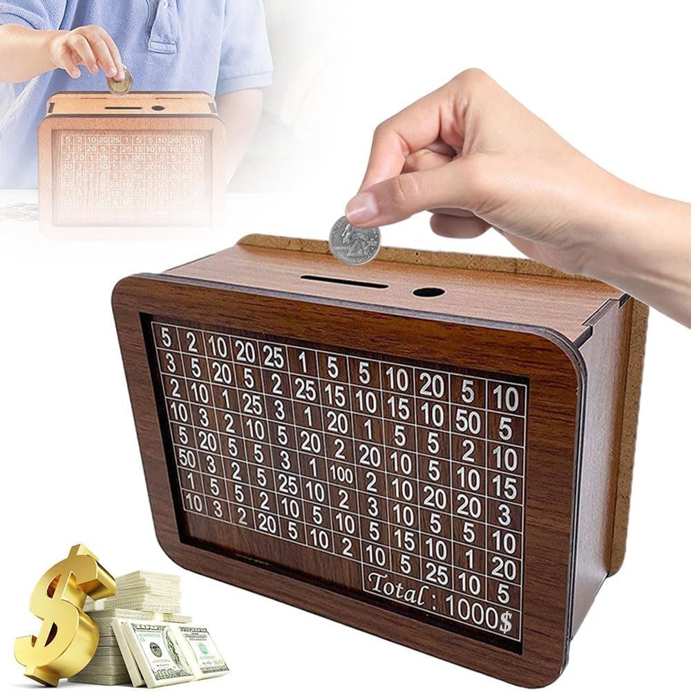 10000 Cash Vault Wooden Savings Box, 2026 Savings Challenge Box Wooden Cash Saving Box, Cash Saver Money Box Wooden Money Box with Money Target and Numbers (1000)