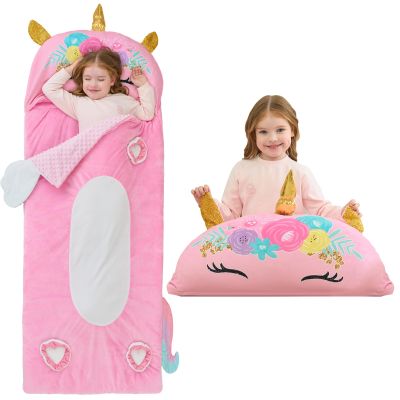 Extra Large Kids Sleeping Bag, Toddler Nap Mat with Pillow & Blanket 70" x 30" for Kids Ages 3+ Soft Plush Sleeping Mat for Preschool Girls