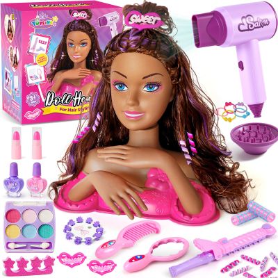 Toylink Doll Head for Hair Styling Kids Makeup Kit, 39Pcs Hair Salon Pretend Play Toys with Hairdryer Straightener Makeup Princess Accessories, Birthday Gifts for Girls 3 4 5 6 7 8