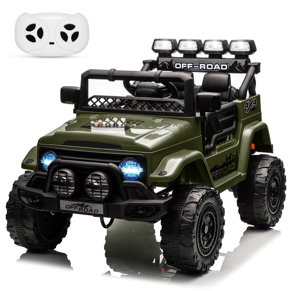 12V Kids Ride on Truck with Parent Remote Control, Electric Ride on Toy Car for Ages 38, 5 MPH Safe Speed, Steering Wheel & Foot Pedal, Treaded Tires, Built-in Music & Stories,Green