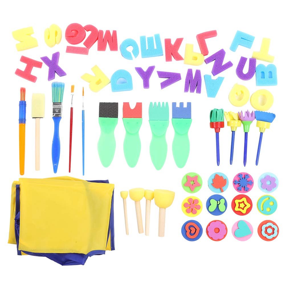 57Pcs Sponge Paint Brushes Kits, Letters Stamp Set with Apron, Art Craft Foam Brushes Tool Kit for Toddlers Early Learning, Reusable Soft Sponge Brushes for Kids Paintin
