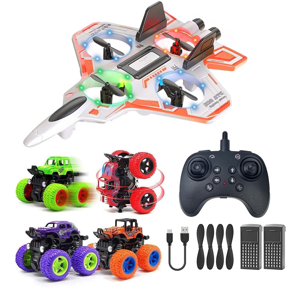 4 Pack Monster Truck for Boys 3 4 5 6 7 Year Old & Remote Control Drone for Kids,2.4Ghz Foam RC Airplanes Helicopter Quadcopter with Auto Hovering,Birthday Party Gift for Kids