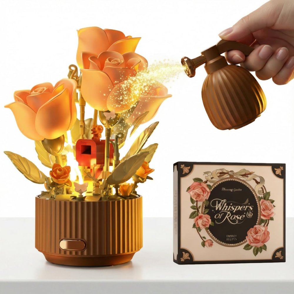 255Pcs Magic Watering Can Automatic Blooming Rose Building Blocks Set for Adults, Remote Control Flower Bouquet Kit with LED Lights & Sound, DIY Mechanical Botanical Decor for Valentines Day Home