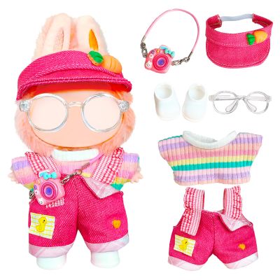 17cm Doll Valentines Clothes and Accessories for Big Into Engery, Fashion Designer Outfit Set with Adjustable Pants, Rainbow T-Shirt, Hat, Glasses, Shoes, Pink Red Clothing for Lububu Women Dolls