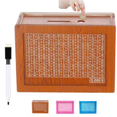 2026 Upgraded Retro Cash Vault Wooden Savings Box, 10k Savings Challenge Box with Counter Piggy Bank Handmade Saving Money Goal Piggy Bank, for Home Office, Includes a Marker Pen (5000-Brown,Large)