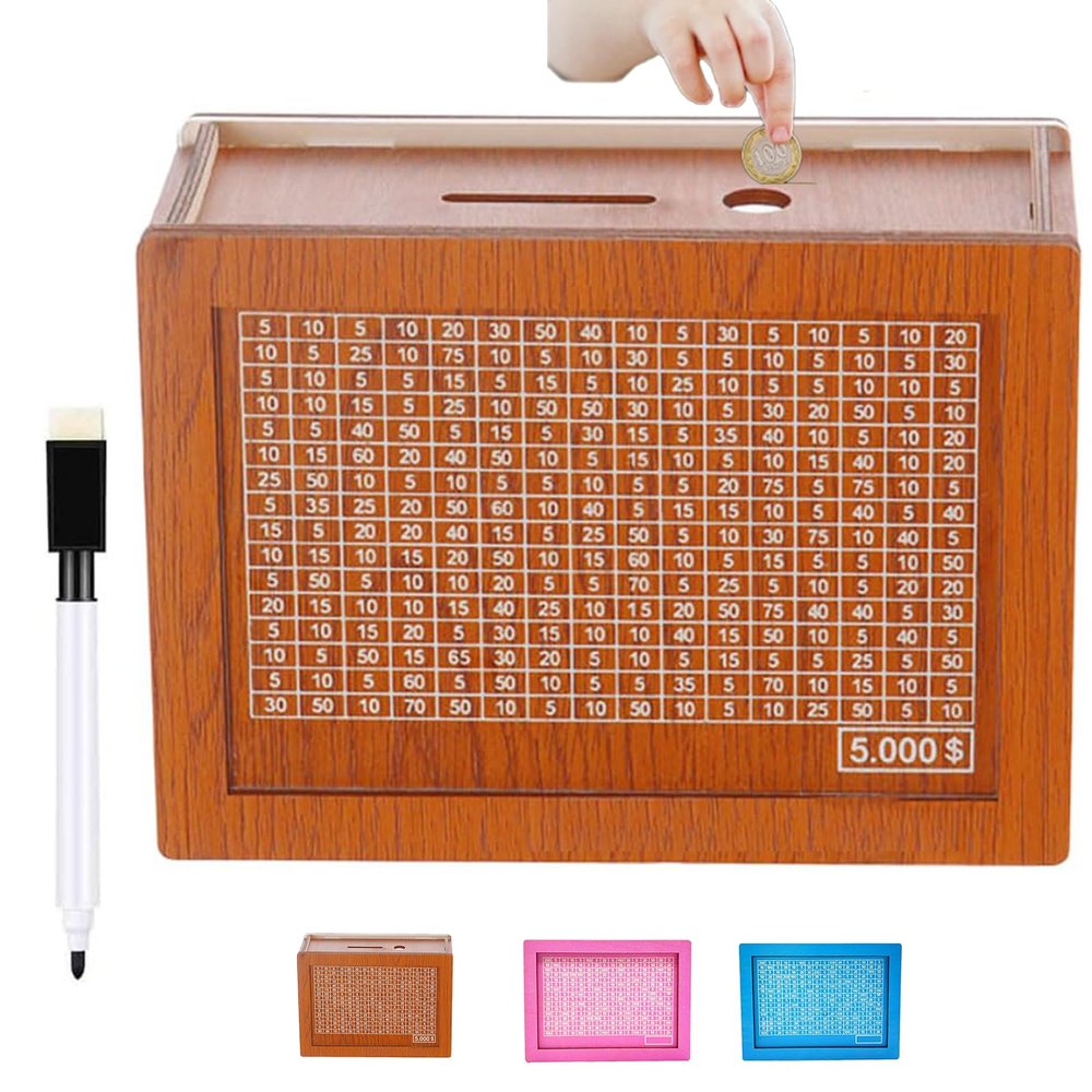 2026 Upgraded Retro Cash Vault Wooden Savings Box, 10k Savings Challenge Box with Counter Piggy Bank Handmade Saving Money Goal Piggy Bank, for Home Office, Includes a Marker Pen (5000-Brown,Large)