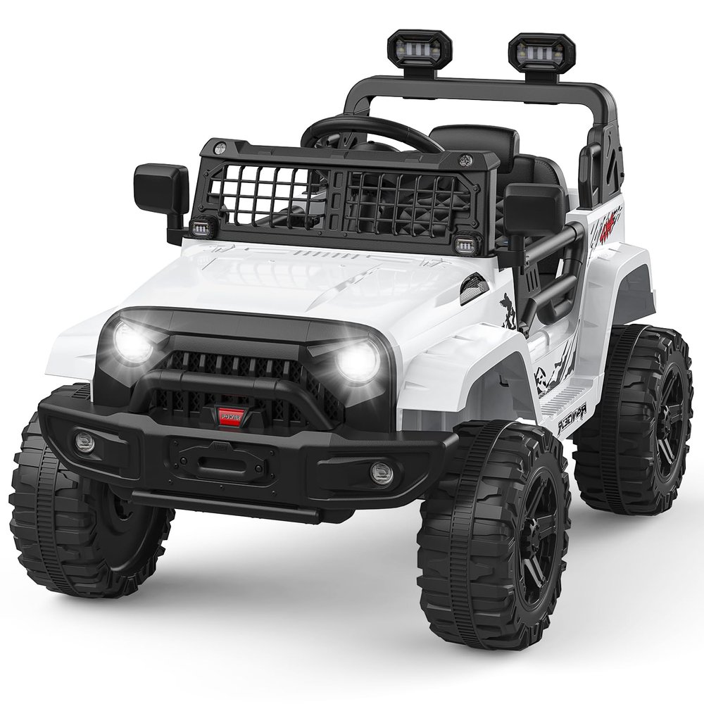12V Ride on Truck for Kids, Electric Off-Road Car with Parent Remote Control, Spring Suspension, LED Lights, Bluetooth Music, 3 Speed Modes,White