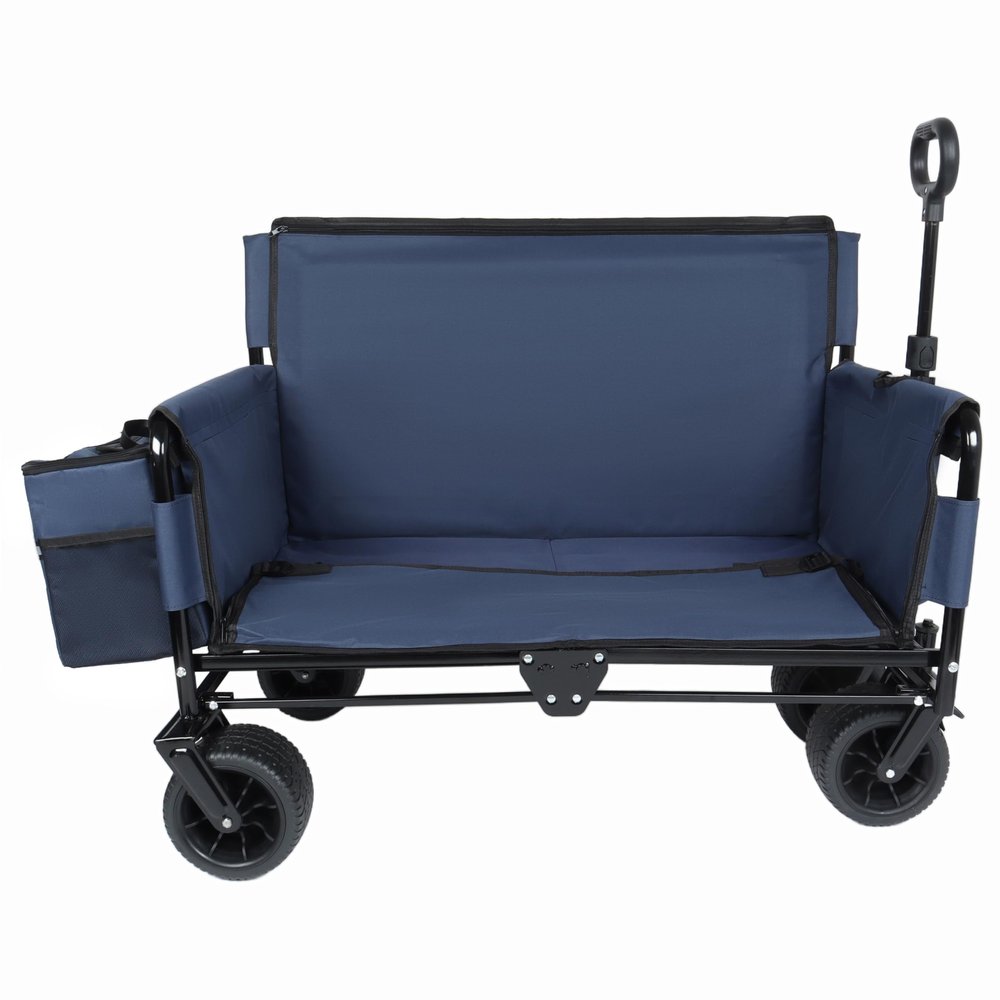3-in-1 Folding Wagon Cart with Bench Seat, 500lb Heavy Duty Collapsible Utility Wagon with Ice Pack, All-Terrain Wheels for Camping, Beach, Garden, Dark Blue