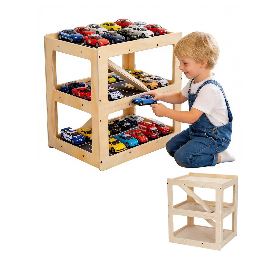 Parking Garage for Toy Cars, Storing Items, Toy Car Storage Rack with Three-Level Ramp, Wooden Parking Garage Playset Holds 40+ Playmobile, Safe & Durable Gift