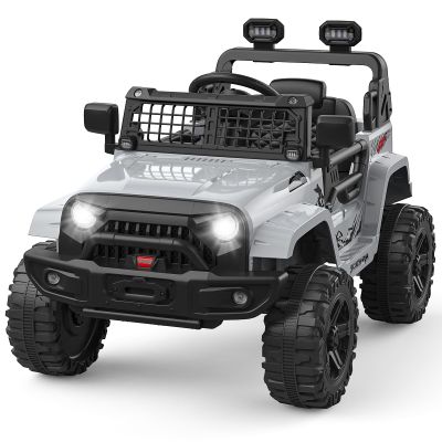 12V Ride on Truck for Kids, Electric Off-Road Car with Parent Remote Control, Spring Suspension, LED Lights, Bluetooth Music, 3 Speed Modes,Gray