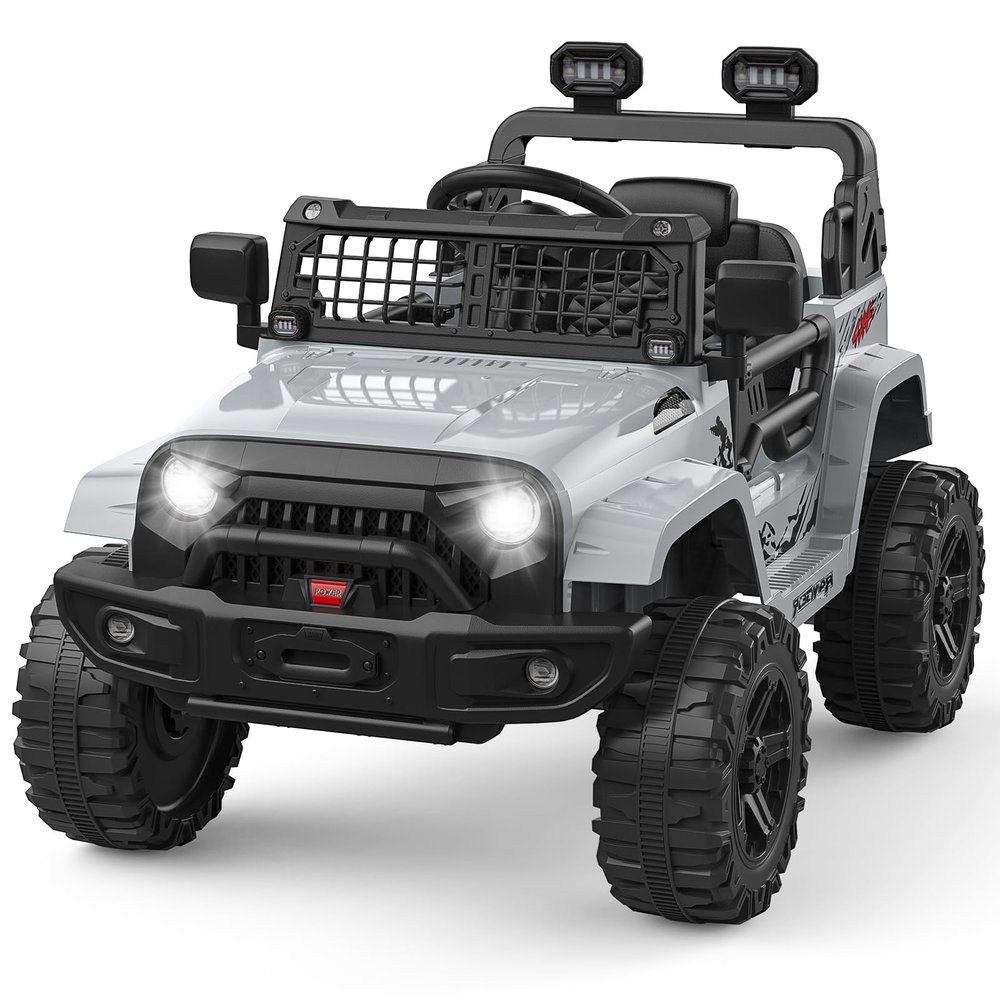 12V Ride on Truck for Kids, Electric Off-Road Car with Parent Remote Control, Spring Suspension, LED Lights, Bluetooth Music, 3 Speed Modes,Gray