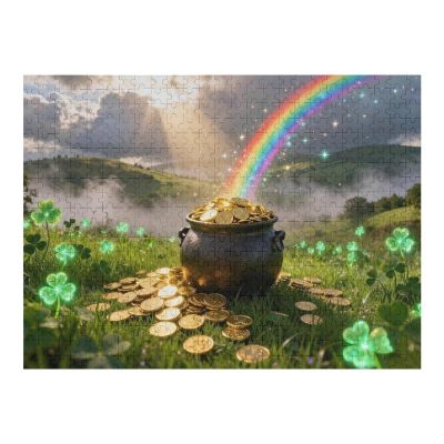 Vintage Black Pot of Gold at End of Rainbow 500 Piece Wooden Jigsaw Puzzle for Adults, Classic Irish St. Patricks Day Artwork, Wall Decor