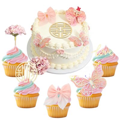 LcingTify 24 PCS Happy Birthday Cupcake Toppers Bows Flowers Butterflies Love Cake Toppers Valentine's Day Cake Decorations for Wedding Graduation Mother's Day Party Decorations Supplies Dusty Pink