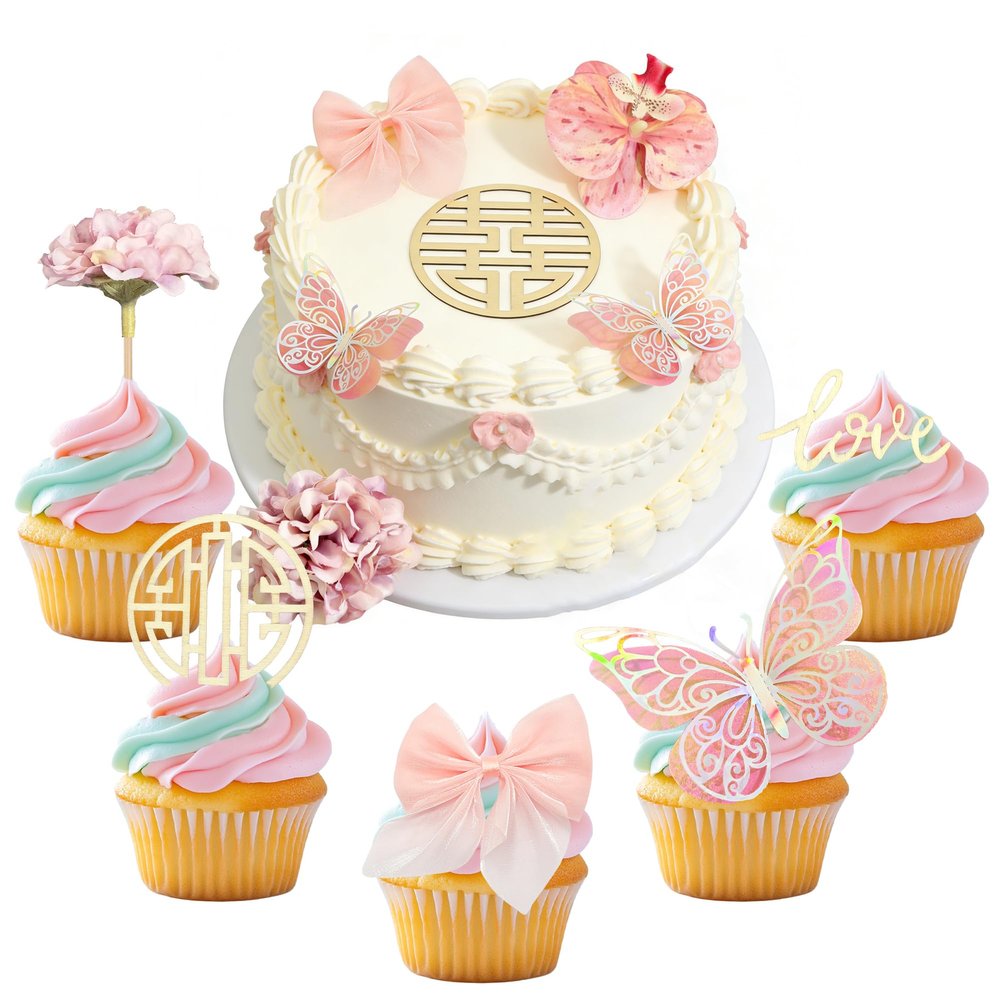 LcingTify 24 PCS Happy Birthday Cupcake Toppers Bows Flowers Butterflies Love Cake Toppers Valentine's Day Cake Decorations for Wedding Graduation Mother's Day Party Decorations Supplies Dusty Pink