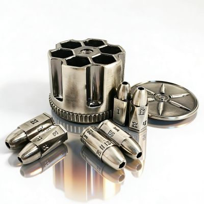 3-in-1 Play:Metal Polyhedral Bullet Dice Set of 6 with Rotating Cylindrical Container- Cyberpunk Style Dice for D&D, Sci-Fi, War, or Crime Theme Tabletop Games (Ancient Nickel)