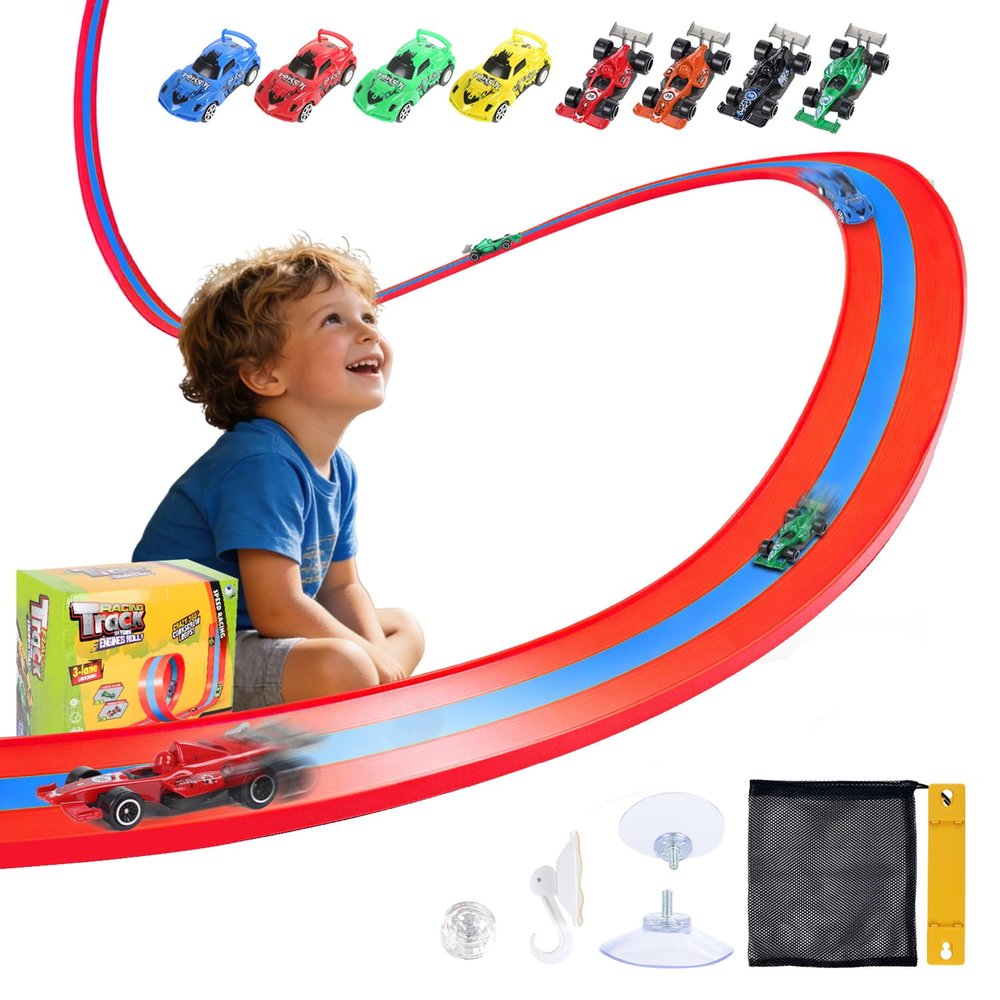 Flex Race Tracks for Kids, 16Ft Flexible Race Car Ramp Track Set with Race Tracks Cars Portable DIY Race Track Toy for Boys Age 3 4 5 6 7 Years Old Girls Kids Birthday Gifts - Blue & Red