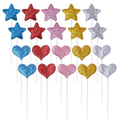 100 Pcs Glitter Heart Star Cupcake Toppers Heart Star Shaped Cake Toppers Cute Colorful Cupcake Picks Sticks Decorative Cake Topper Toothpicks Sparkly Food Picks for Dessert Snack