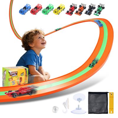 LALFENNB 3-Lanes Flexible Race Track for Kids 3+, 16Ft Race Car Track Set with 8 Racecars & 20 Suction Cups, Compatible with 1/64 Diecast Cars Hot Wheels Marbles, Boys Girls Gift - Orange Green
