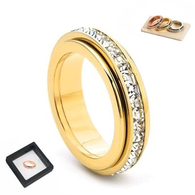 Titanium Steel Spinner Ring, Cubic Zirconia Eternity Band Fidget Ring for Women Men, Rotatable Anxiety Relief Ring with Sizes 5-10(Gold,7)