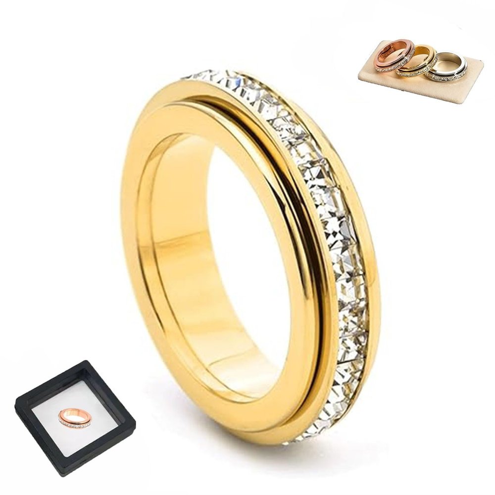 Titanium Steel Spinner Ring, Cubic Zirconia Eternity Band Fidget Ring for Women Men, Rotatable Anxiety Relief Ring with Sizes 5-10(Gold,7)