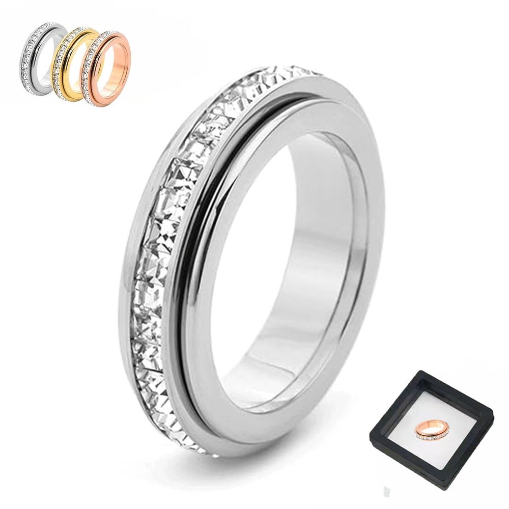 2026 New Sparkling Spinning Ring,Relieves Anxiety,Symbolizes Vows & Luck, Waterproof & Fade-Resistant(Silver,7)