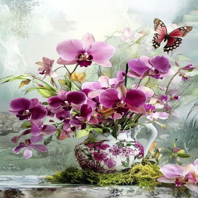 Phalaenopsis Orchids in A Porcelain Vase 500 Pieces Puzzle for Adults, Educational Intellectual Jigsaw Puzzle,Flowers Fantasy Puzzles for Adults Fun Game 15.2 * 20.8 Inch