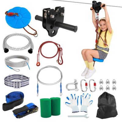 FAHKNS 120FT Zip Line Kit for Kids Adults: Up to 400LBS Quick Tighten Zipline for Backyard with Rust Proof Removable Trolley,Spring Brake,Height Adjustable Seat,Outdoor Kids Play Equipment