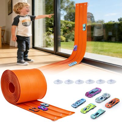MATELOTI 3-Lane Flex Track 15 Ft Flex Race Car Track with 6 Toy Cars,Portable DIY Racetrack Compatible Diecast 1/64th Cars for Ages 3 Up,Birthday Gifts for Boys(Orange)