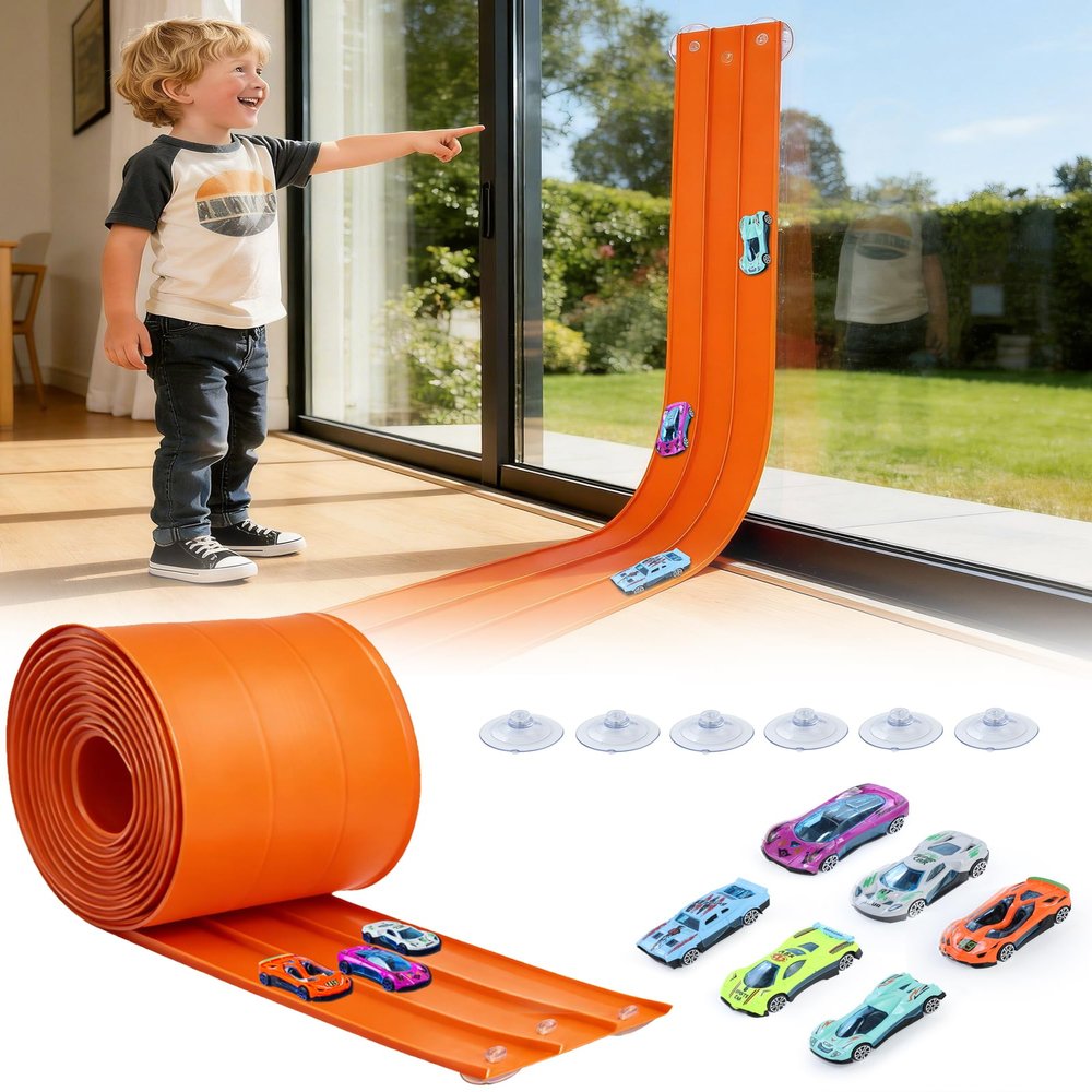 MATELOTI 3-Lane Flex Track 15 Ft Flex Race Car Track with 6 Toy Cars,Portable DIY Racetrack Compatible Diecast 1/64th Cars for Ages 3 Up,Birthday Gifts for Boys(Orange)