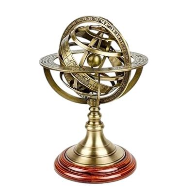 BRASSWOOD TALE & Atelier Armillary Sphere Globe, Brass with Wooden Display Base, Decorative Collectible Figurine