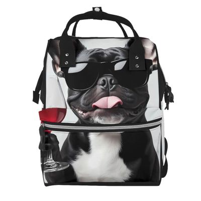 Qewfoju Cool French Bulldog Wine Print Diaper Bag Backpack Large Capacity Diaper Backpack Baby Changing Bags