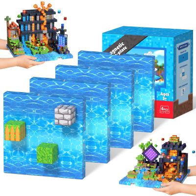 4PCS 4" x 4" Magnetic Building Block Base Plates for Kids, Strong Grip Magnetic blocks Base Compatible with Most Popular Magnetic Blocks & Cubes, STEM Educational Toys for Boys Girls Ages 3+ (Water