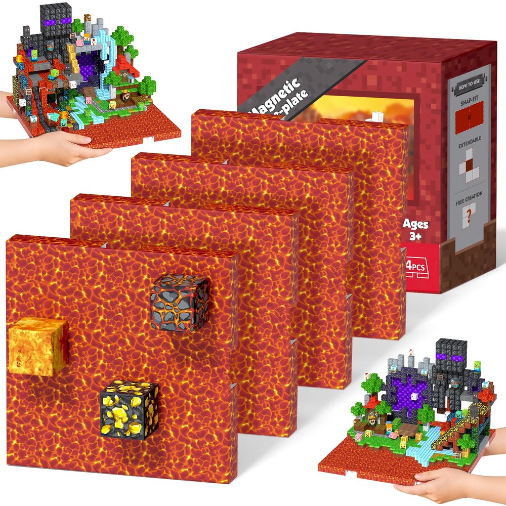 4PCS 4" x 4" Magnetic Building Block Base Plates for Kids, Strong Grip Magnetic Tiles Base Compatible with Most Popular Magnetic Blocks & Cubes, STEM Educational Toys for Boys Girls Ages 3+ (Lava)