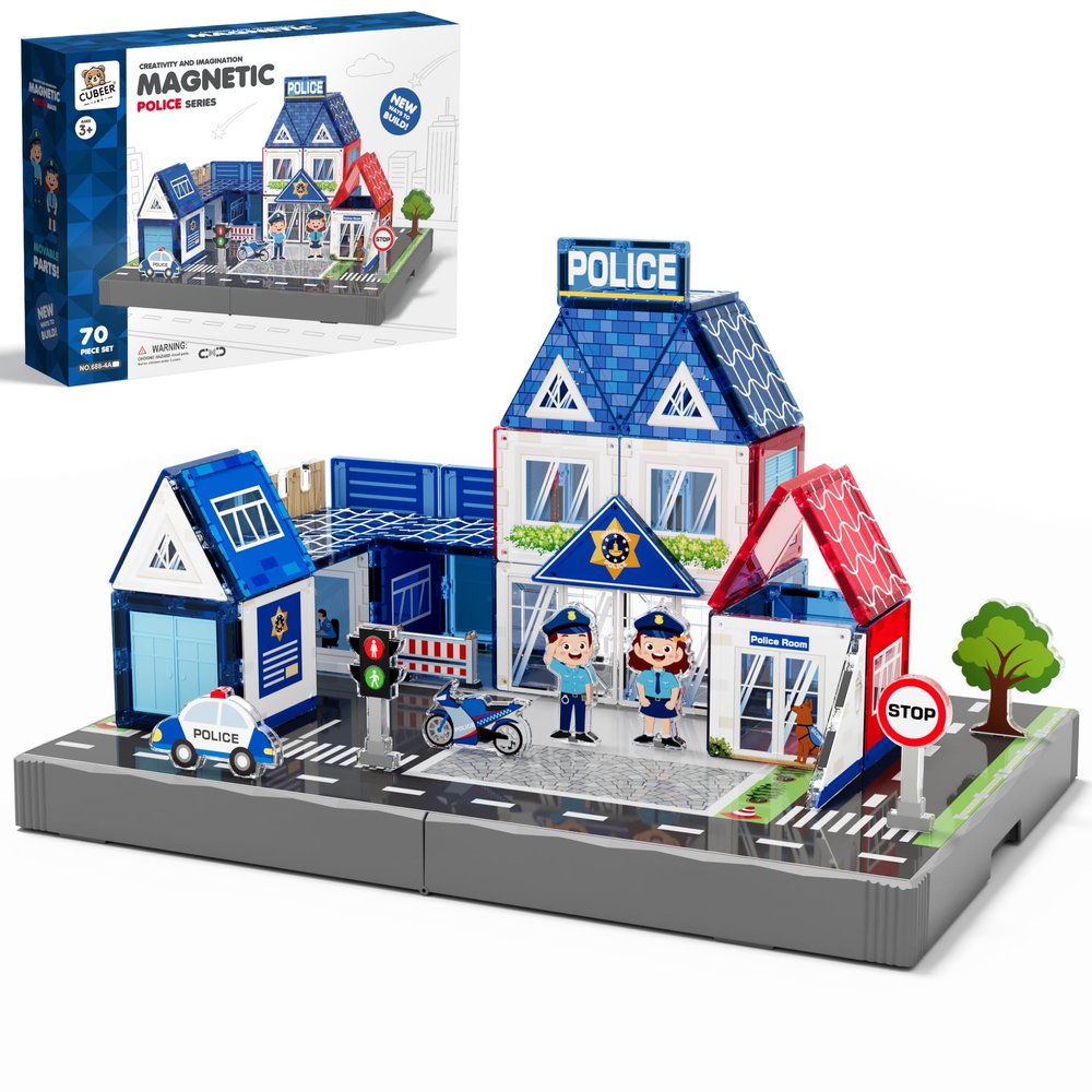 CUBEER 70PCS Police Station Magnetic Tiles Set, Magnet Tiles Building Blocks for Kids,STEM City Police Toys Gifts for Boys 3-5 4-8-12