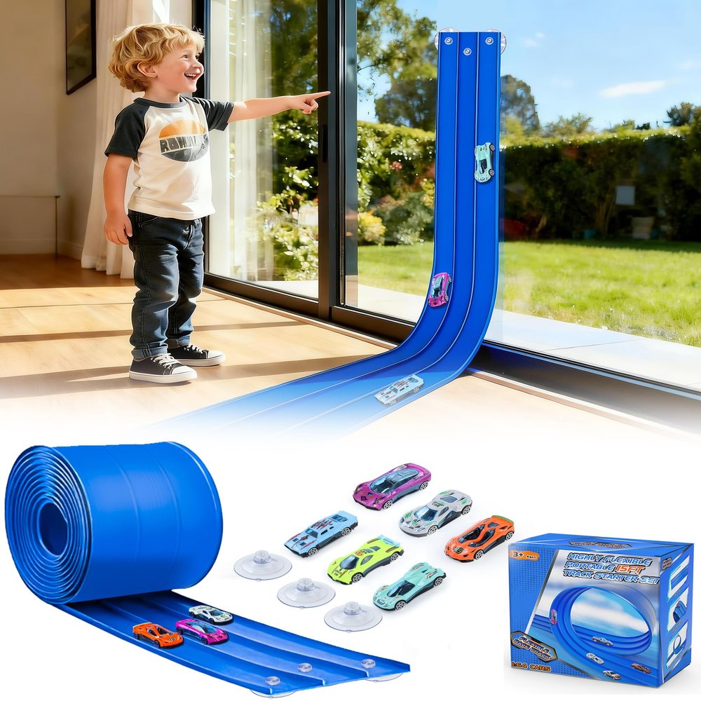 MATELOTI 3-Lane Flex Track 15 Ft Flex Race Car Track with 6 Toy Cars,Portable DIY Racetrack Compatible Diecast 1/64th Cars for Ages 3 Up,Birthday Gifts for Boys (Dark Blue-2)