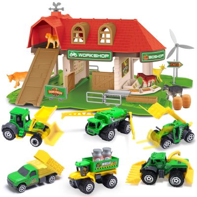 KARMOUNT Farm Building Model Set| Barn with 6 Toy Vehicles & 6 Mini Aniamls