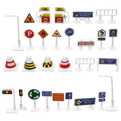 28pcs Miniature Traffic Sign Decoration Mini Plastic Road Signs Ornament Dollhouse Traffic Cone Barricade Signal Signborad Model Tiny Street Signals Educational Kit for Dollhouse Micro Scence