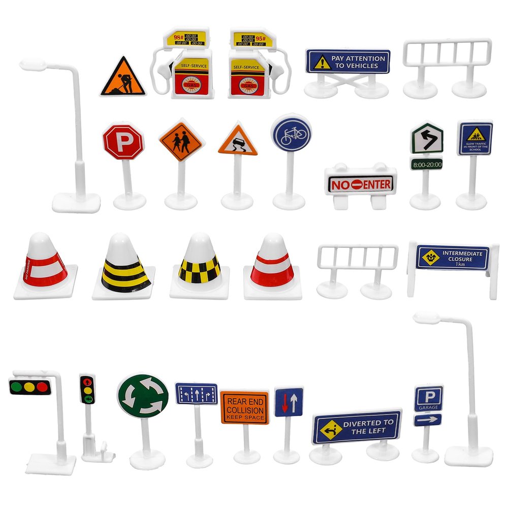 28pcs Miniature Traffic Sign Decoration Mini Plastic Road Signs Ornament Dollhouse Traffic Cone Barricade Signal Signborad Model Tiny Street Signals Educational Kit for Dollhouse Micro Scence