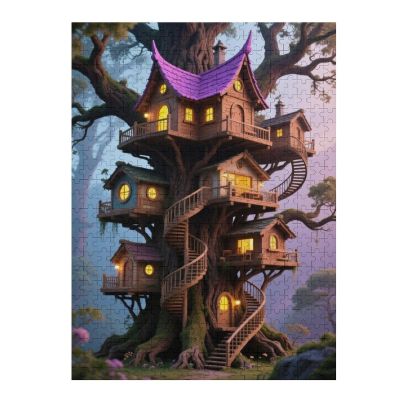 Pink Tree House Dreamy Landscape Wooden Puzzle Jigsaw Puzzles 1000 Pieces for Adults, Wooden Puzzle with Soft Light Artistic Mood